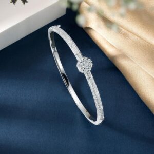 Elegant Silver Crystal Floral Bangle Bracelet